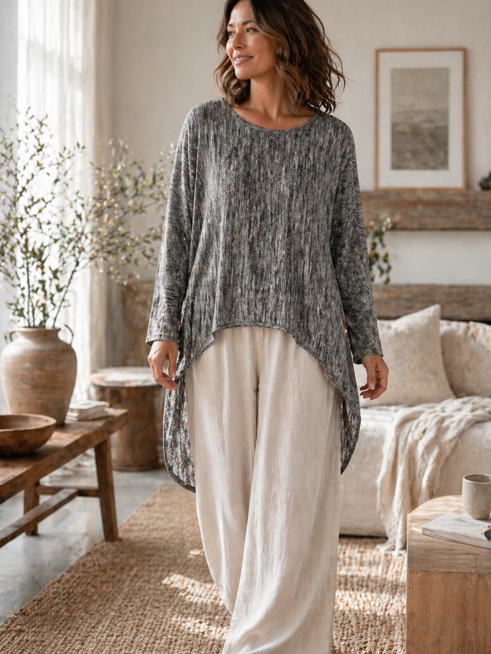 Apricot Heathered Gray High Low Knit Lagenlook Top Minimalist Casual Size 8